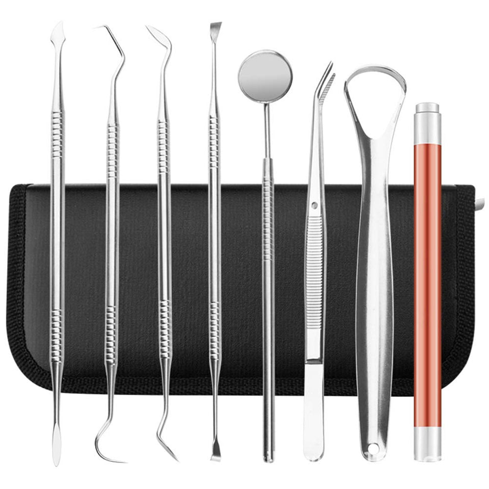 Healifty higiene Dental Kit de Herramientas para blanquear los Dientes Cálculo, removedor de Placa, Juego de Dientes limpios, Acero Inoxidable con lámpara sin batería (Plateado)