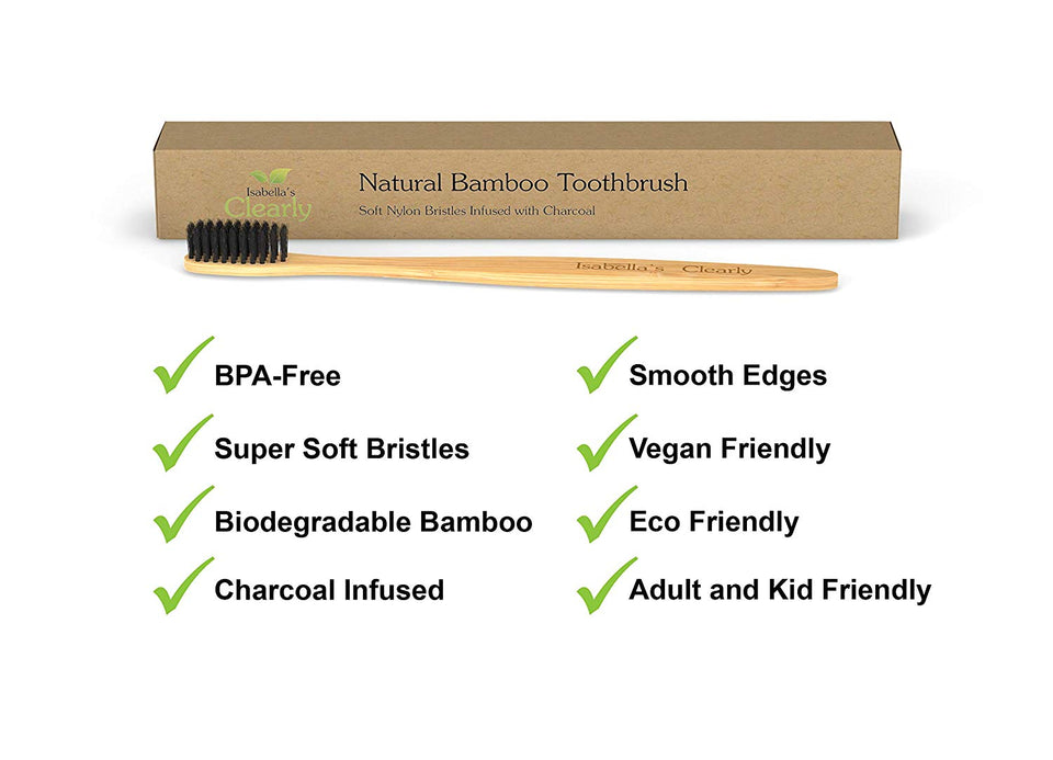 Isabella's Clearly BAMBOO Toothbrush, Gentle Soft Charcoal Infused Nylon BPA-Free Bristles, Eco-Friendly, Biodegradable. Natural Organic Materials Good for Teeth & Earth. Adults & Kids (4)