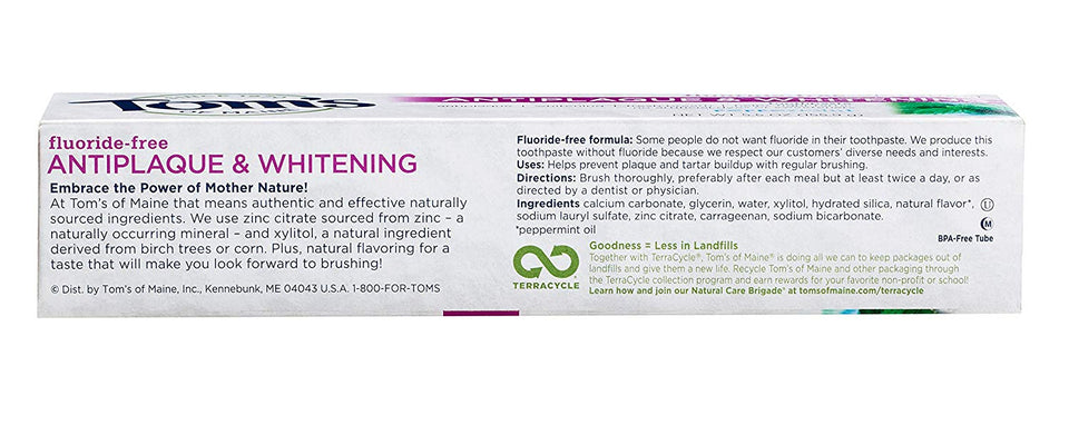 Tom's of Maine Antiplaque and Whitening Fluoride-Free Toothpaste, Peppermint, 5.5 oz., Pack of 2