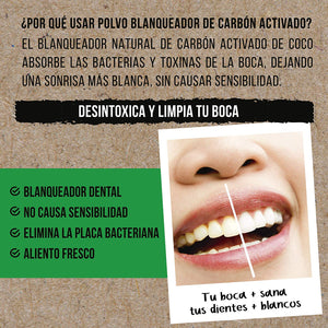 Blanqueador Dental de Carbon Activado de Coco en Polvo -100% Natural - Con Aceite Esencial de Coco, Naranja y Menta - No Causa Sensibilidad - Absorbe las Bacterias y Toxinas de la Boca -25 gramos