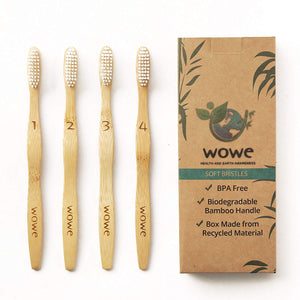 WowE Natural Bamboo Toothbrush Individually Numbered, BPA Free Bristles, Pack of 4